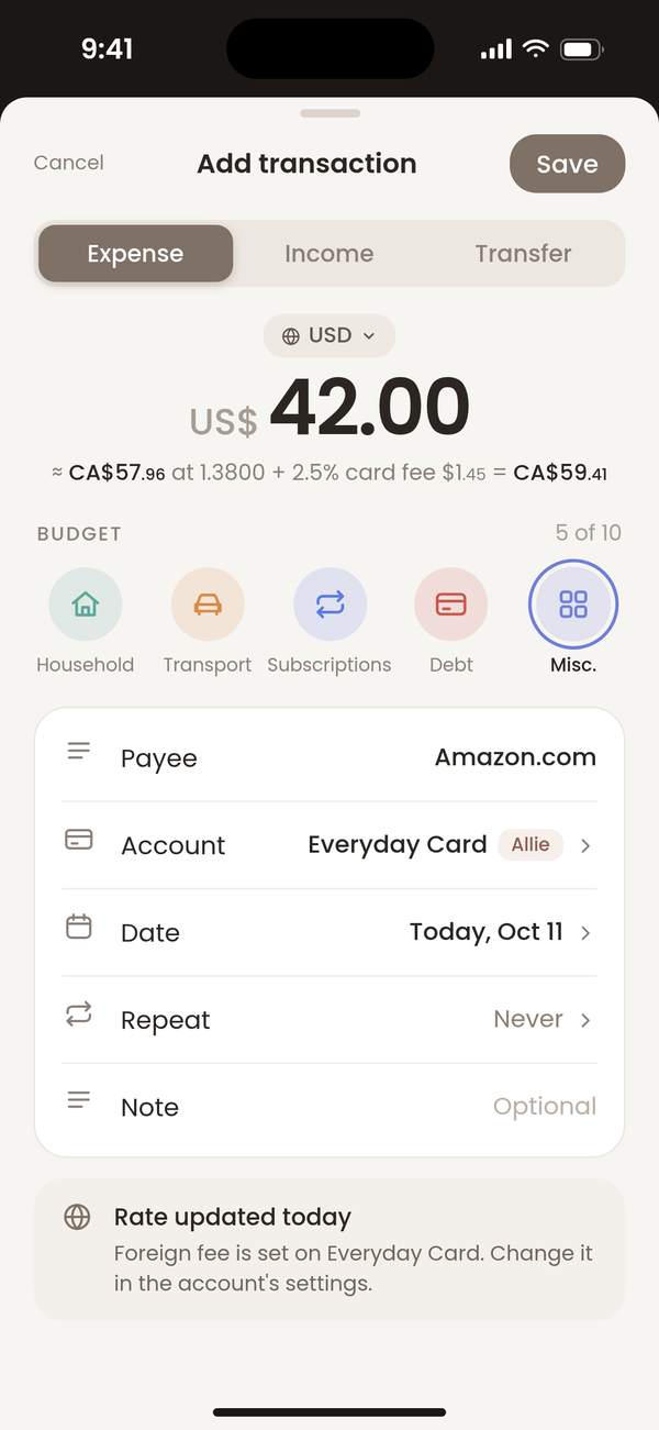 Budget by Ayemel: Add Transaction screen