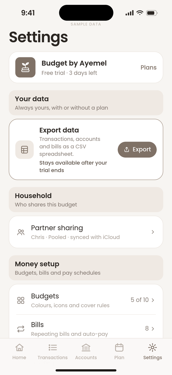 Budget by Ayemel: Settings screen