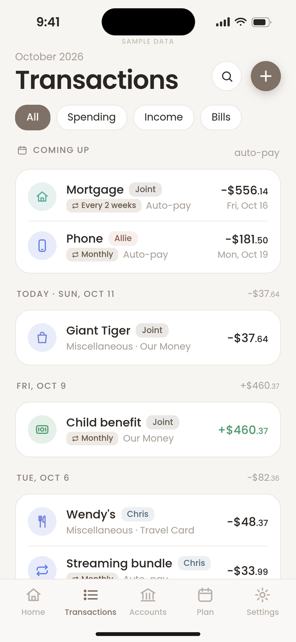 Budget by Ayemel: Transactions screen