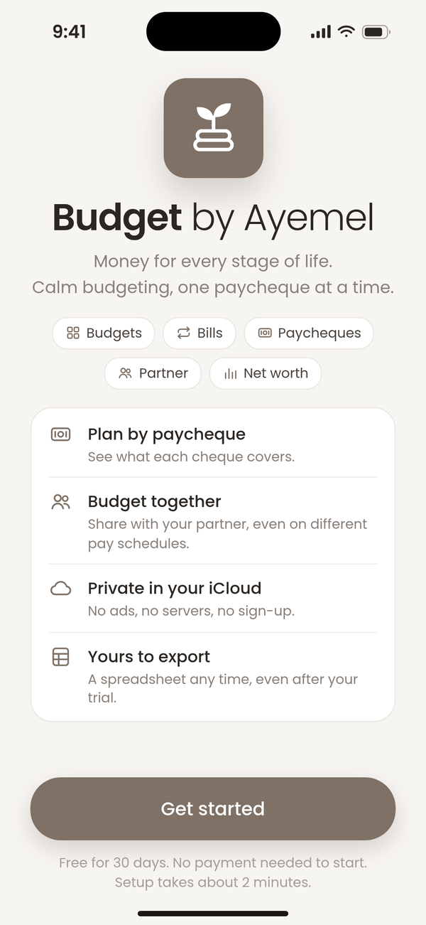 Budget by Ayemel welcome screen