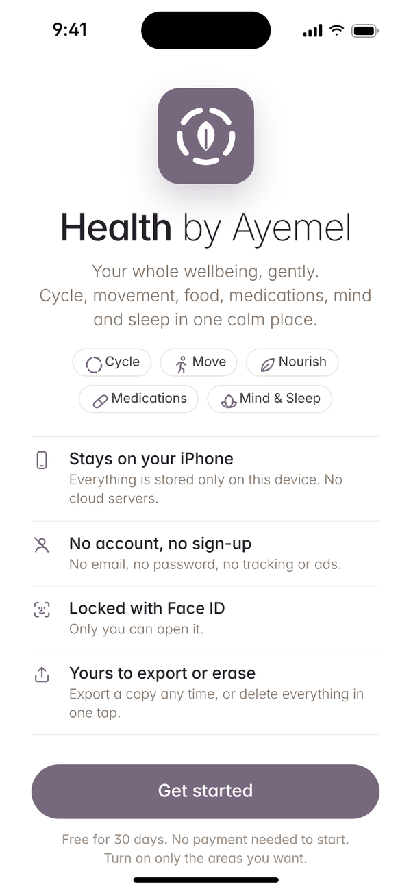 Health by Ayemel: Welcome & Privacy screen