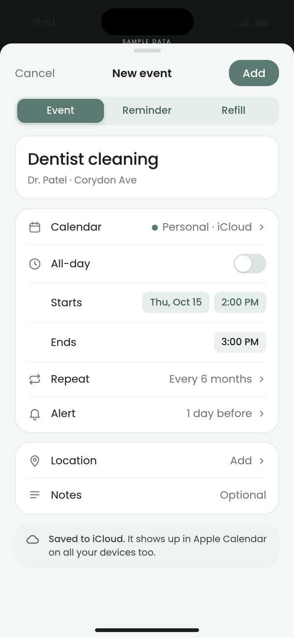 Planner by Ayemel: Add Event or Reminder screen
