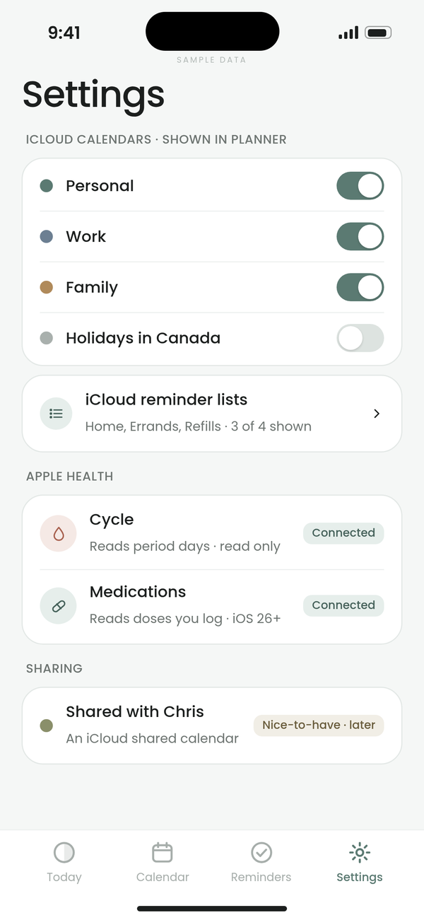 Planner by Ayemel: Settings screen
